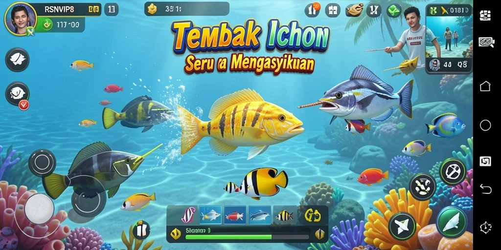 Tampilan gameplay RSNVIP8 saat menangkap ikan berwarna-warni.